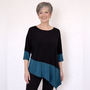 Sympli Asymmetrical Tunic Sz 6 Black Turquoise Color Block 3/4 Sleeve Jersey Top